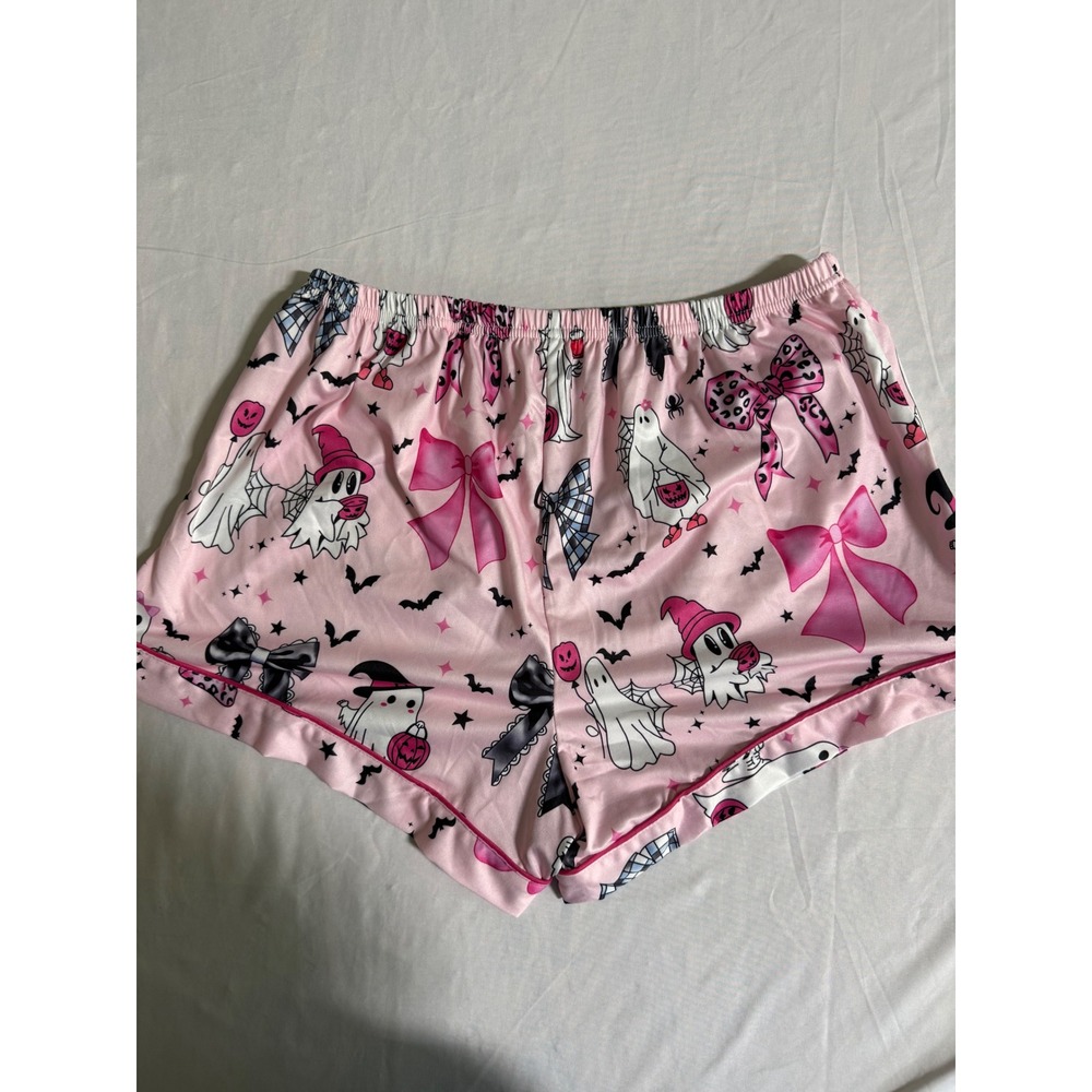 Pink Halloween Ghost Bow Pajama Set Short Sleeve Button Down Shorts Womens Large - Picture 9 of 11